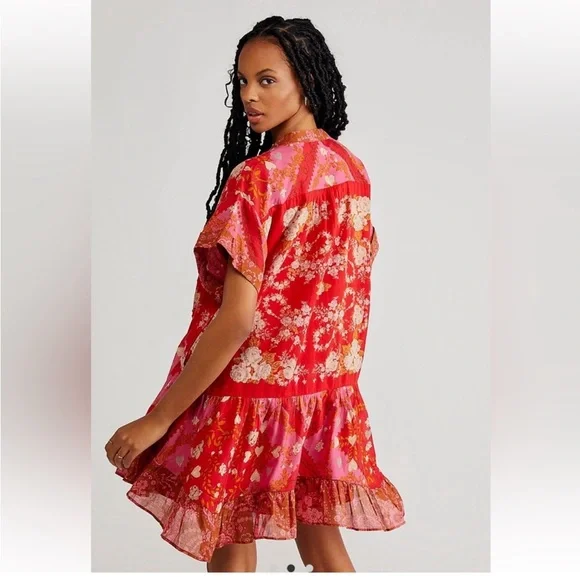 Free People Agnes Printed Mini Dress in Red/Pink - Picture 2 of 8